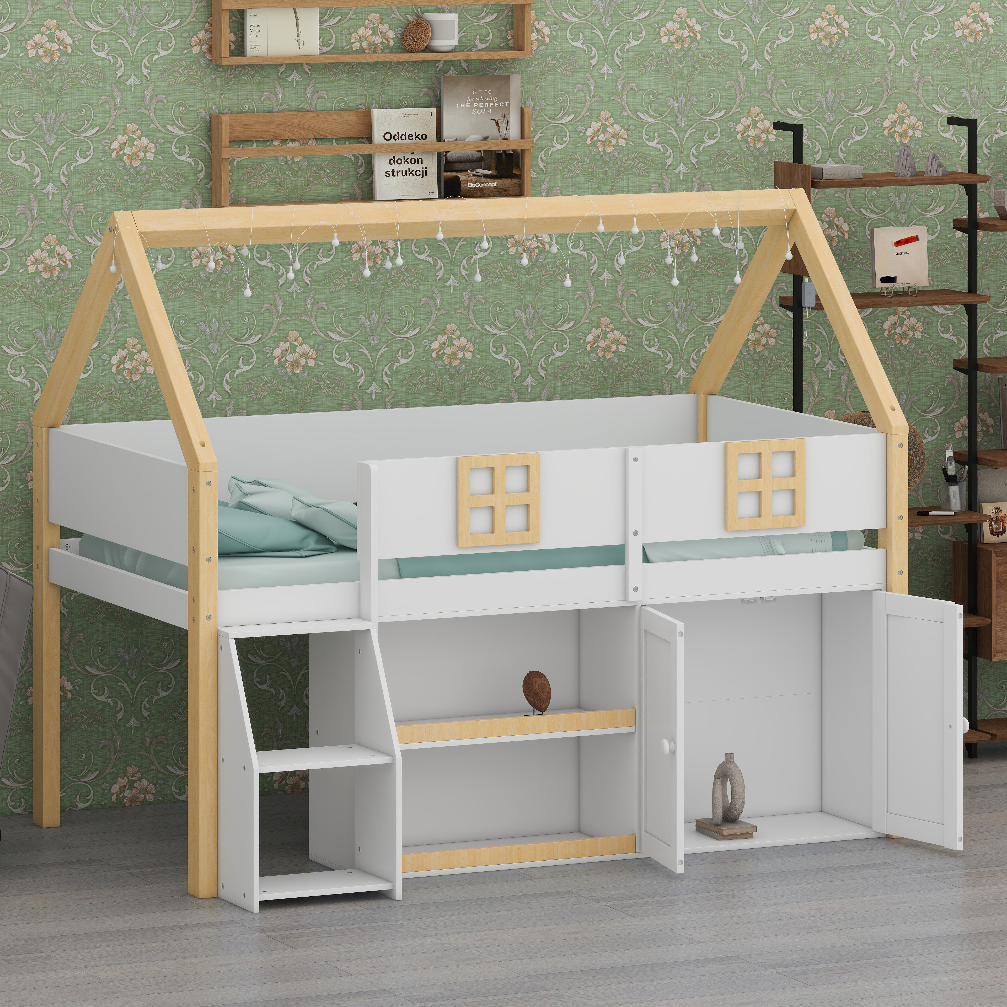 Ebern Designs Low Loft Bed with Integrated Step Staircase, Storage ...