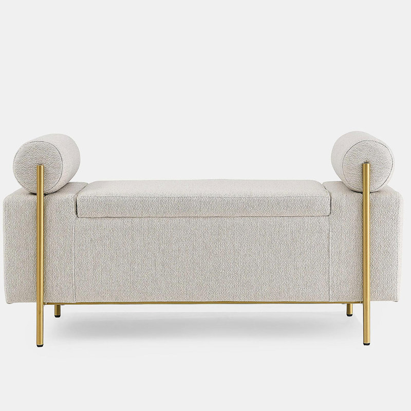 Banc de rangement en velours avec accoudoirs cylindriques et pieds en fer, Beige