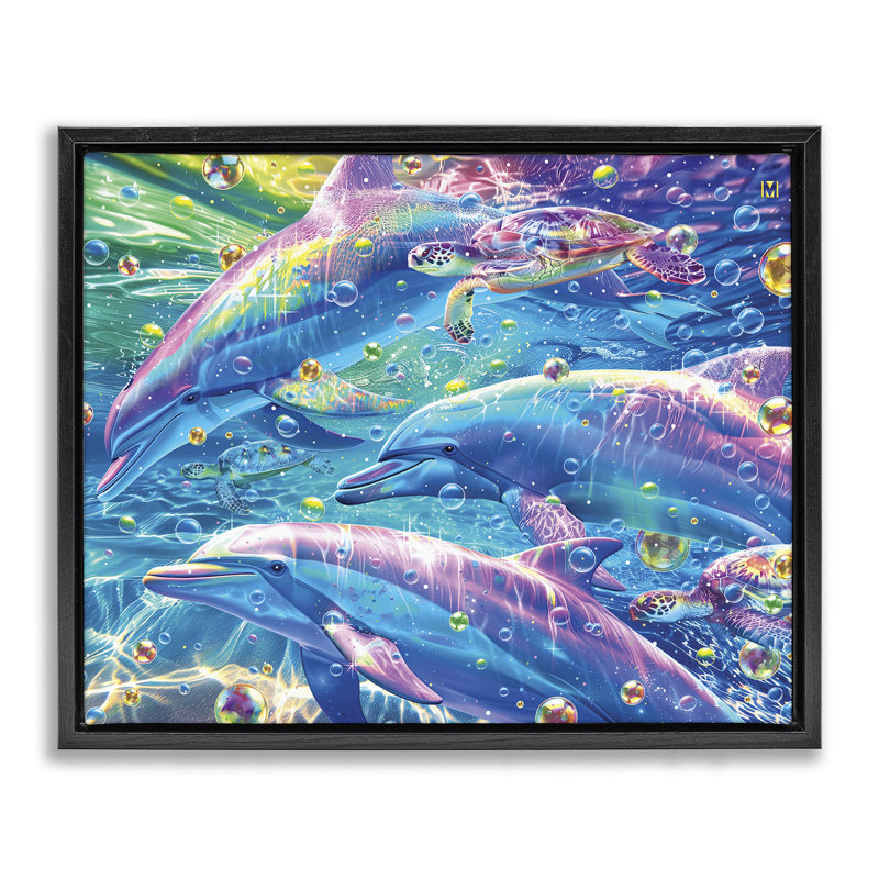 Cadre flottant chromatique avec dauphins, design par Michael Ward, H 25 po x l 31 po, Cadre flottant noir de jais