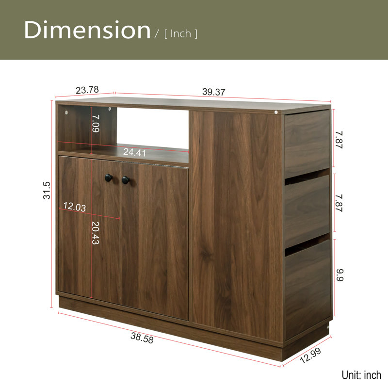 Kitchen Sideboard, Small Countertop Organizer, Tabletop Cabinet With 2 Glass Sliding Door,3 Side Drawers & 1 Small Display Shelves