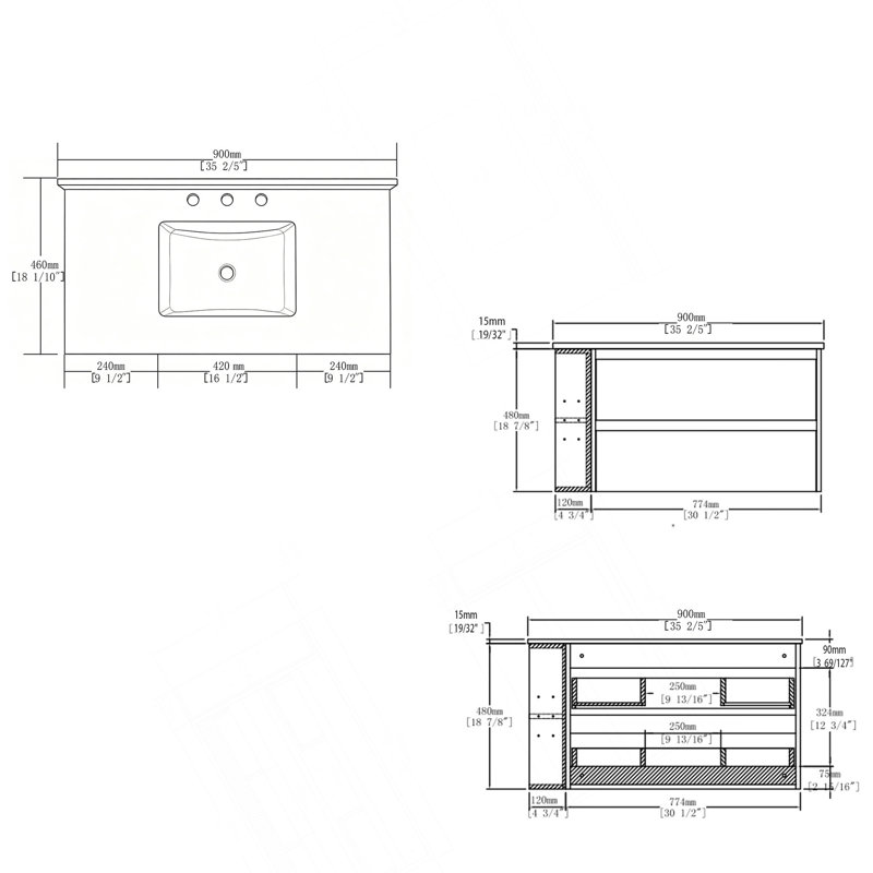 Meuble-lavabo flottant 36 po avec lavabo, porte à fermeture douce, comptoir en granite blanc 0,6 po et dosseret, contreplaqué