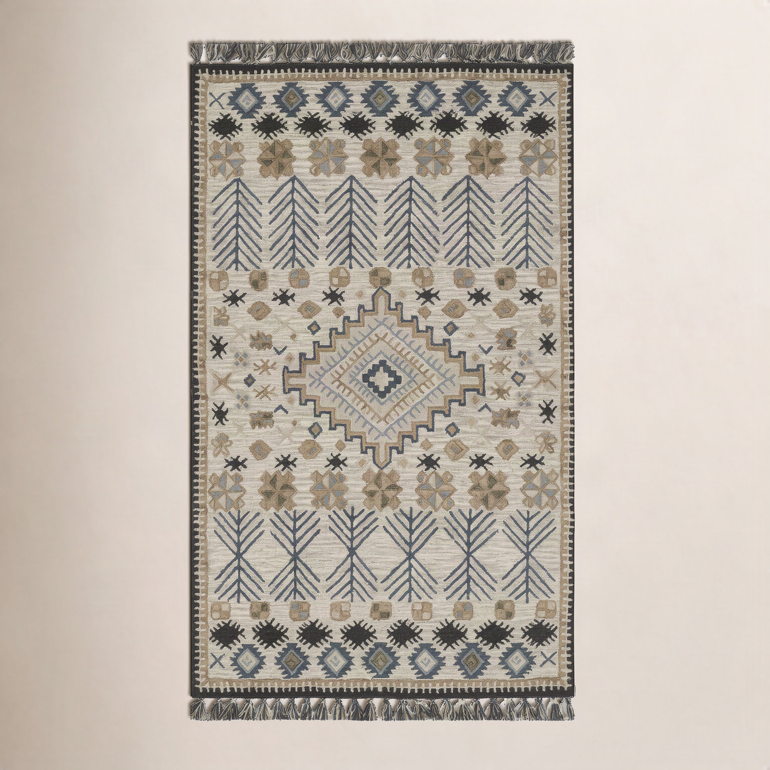 Anine Beige Black Hand-Tufted Wool Rug, Rectangle 5' x 8'