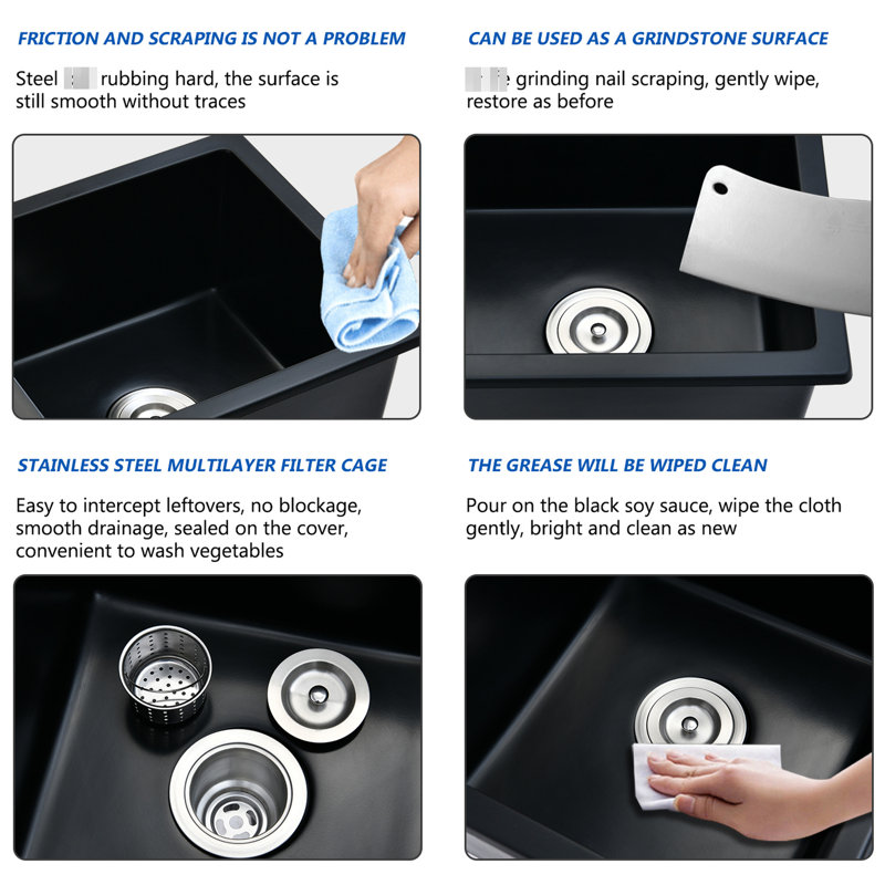 Évier de comptoir encastrable au quartz 18 po x 16 po, noir mat, résistant à la chaleur, aux taches et aux égratignures, résistant à la chaleur, aux taches, aux égratignures, à la rouille et fonctionnel