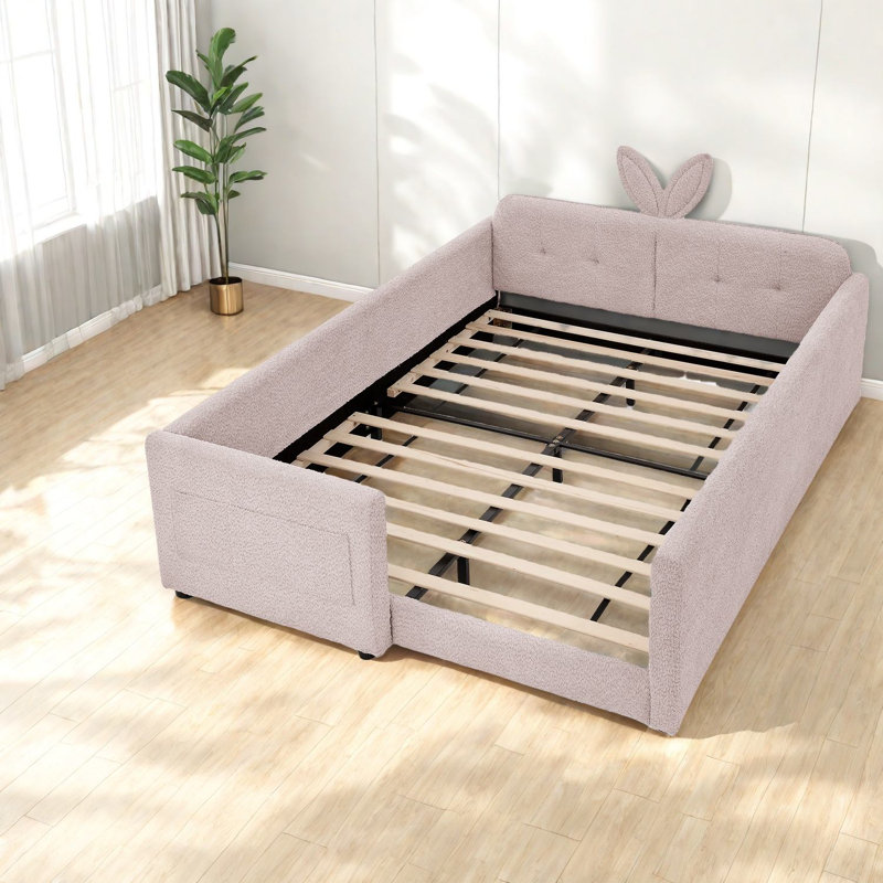 Charmants lits roses avec tête de lit à oreilles de lapin, tissu bouclé, pour les chambres confortables