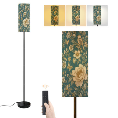 Floor Lamp vintage golden birds flowers peonies butterflies Luxury blue Dimmable Modern Standing Lamp with Remote Control Footswitch Bulb Lampshade Tall Pole Corner Lamp for Living Room Bedroom Office