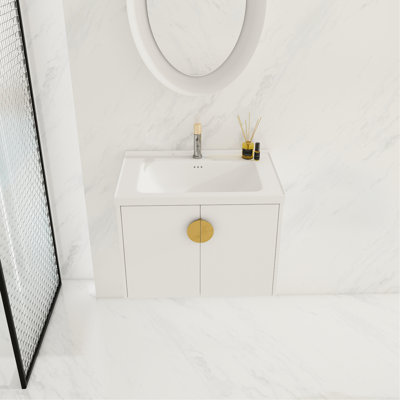 Meuble-lavabo avec lavabo de 28 pouces. Armoire murale blanche à 2 portes pour petites salles de bain. Comprend un lavabo en céramique et des poignées en métal. (Moderne comprend radiant