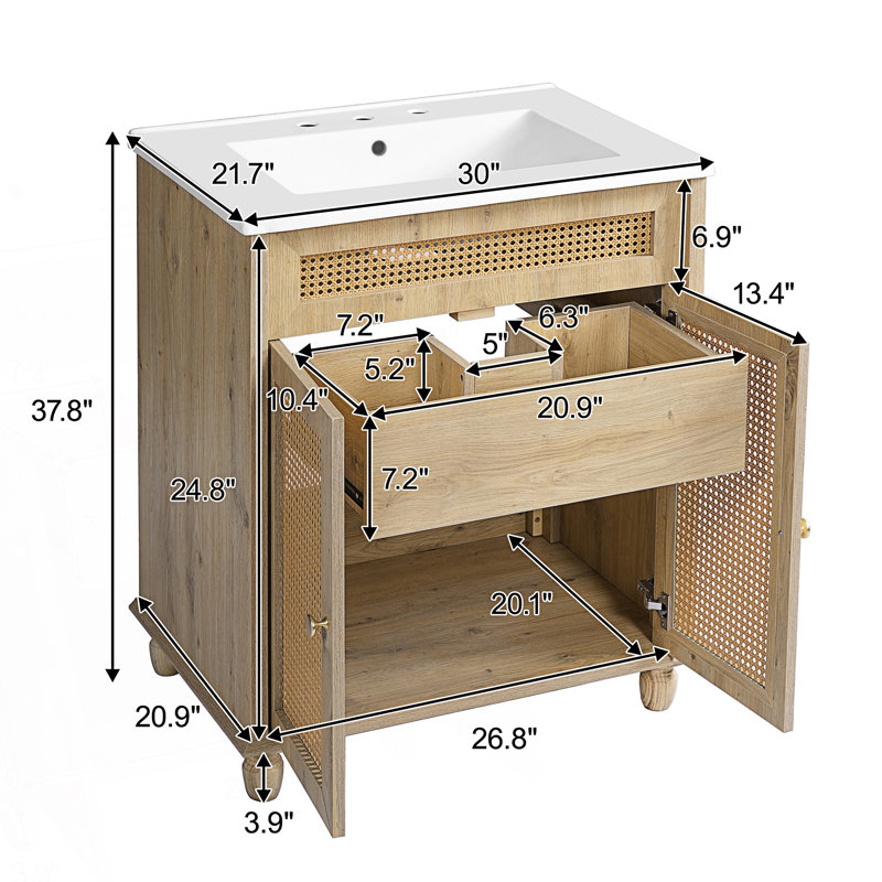 Meuble-lavabo avec portes en rotin tissé à la main