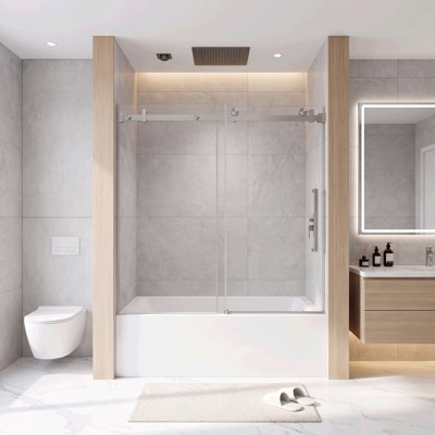 Porte de douche coulissante simple sans cadre de 142 à 152 cm (L) x 152 cm (H), verre trempé transparent de 6 mm, film anti-explosion, poignée en acier inoxydable, rail tubulaire carré, fini nickel brossé
