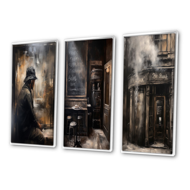 «Vintage Paris Nostalgia Atmosphere Peinture», 3 pièces sur toile, Cadre flottant blanc, H 28 po x l 36 po