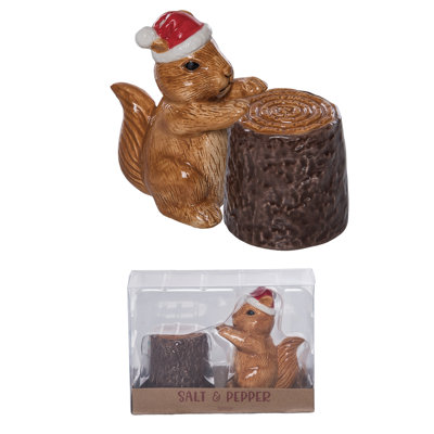Dolomite Squirrel and Tree Stump Salt and Pepper Set of 2, Salt and Pepper Shaker, Brown, Ceramic, Table, Kitchen, Christmas, Tabletop