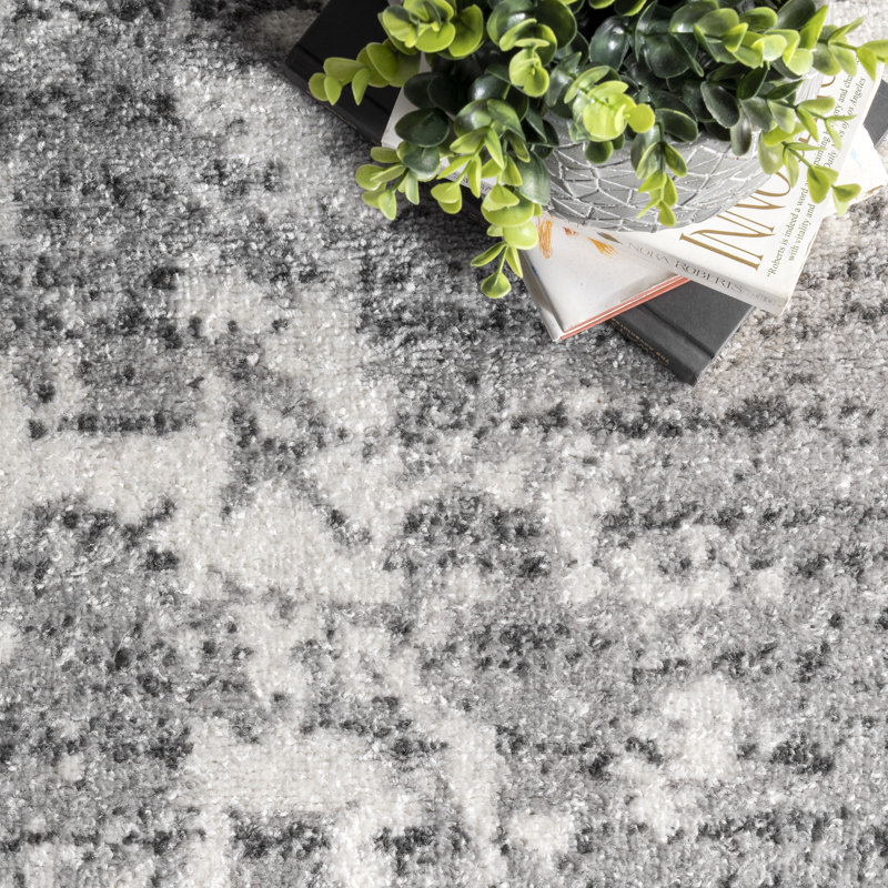Deedra Modern Abstract Power Loom Performance Gray/White Rug, Rectangle 4' x 6'