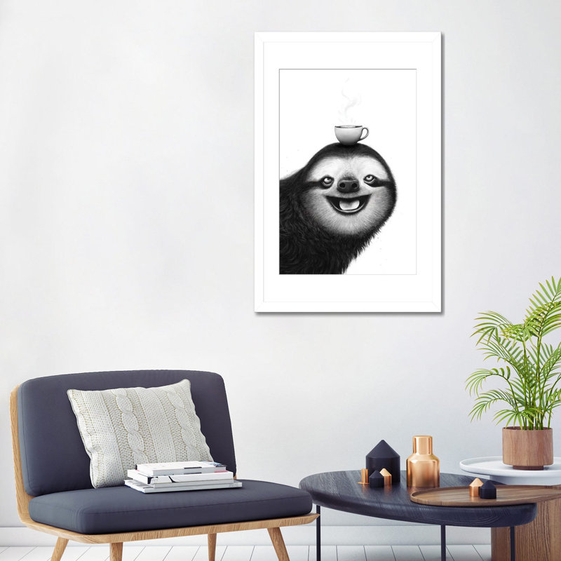 «Sloth With Cappuccino», reproduction d'art sur papier encadré, 32 po x 24 po, Papier encadré, White
