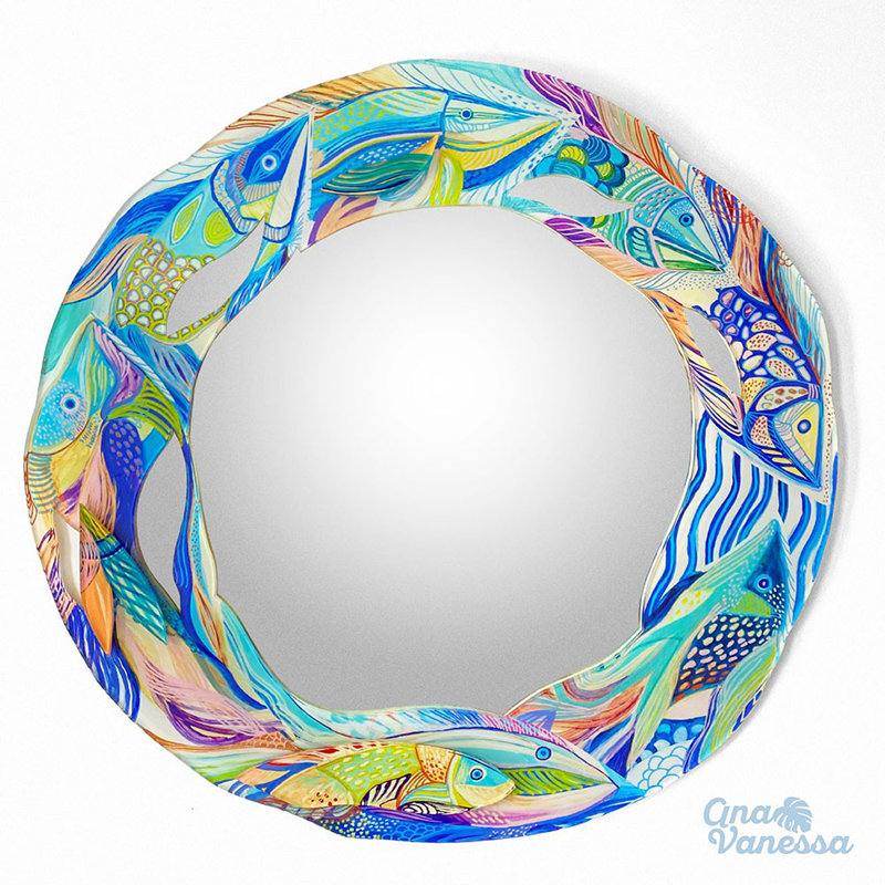 Miroir d'appoint poisson, H 26,77 po x l 26,77 po, Effet de verre multicolore