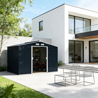 Remise de rangement extérieure en métal avec acier galvanisé résistant aux intempéries, toit incliné vers la neige et espace pour l'équipement de jardin, structure en acier sécuritaire de L 109 po x l 76,8 po H 75,5 po, dommages, vélos intérieurs