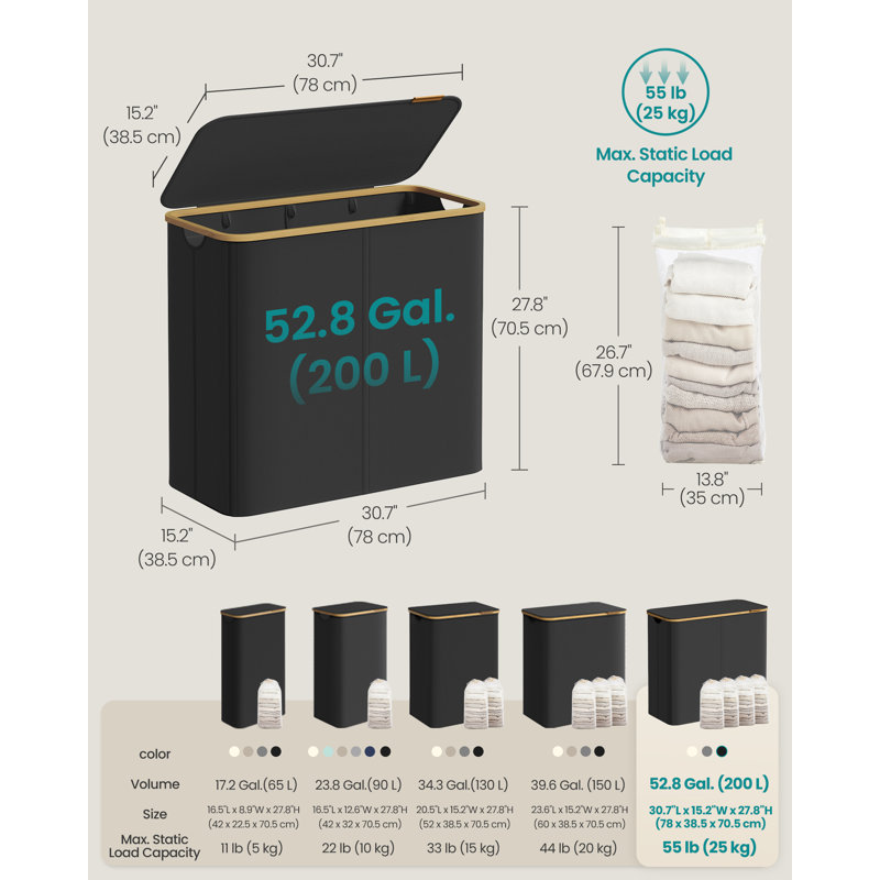 Fabric Laundry Hamper with Handles, Black