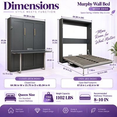 Lit escamotable vertical Deskoria Queen avec bureau intégré, gris, gain de place, 26 lattes en bois massif, pieds automatiques, assistance hydraulique à deux niveaux, sangle de matelas