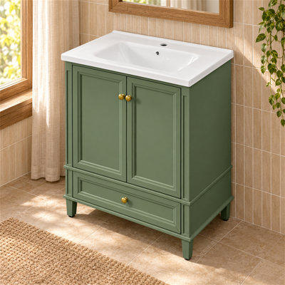 28" Sage Green Freestanding Vanity with Ceramic Basin and Door Racks