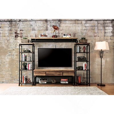 Console de style industriel avec structure en métal et bois, finition noire et ton antique