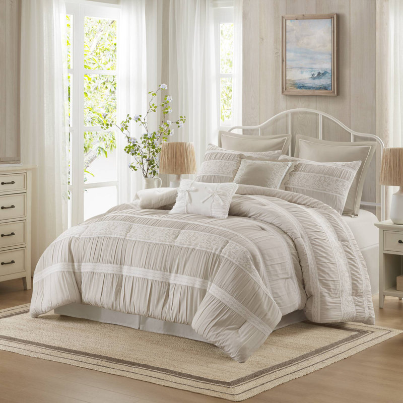Perryn Neutral Vintage Jacquard 7-Piece King Comforter Set, King Comforter + 6 Additional Pieces, Neutral
