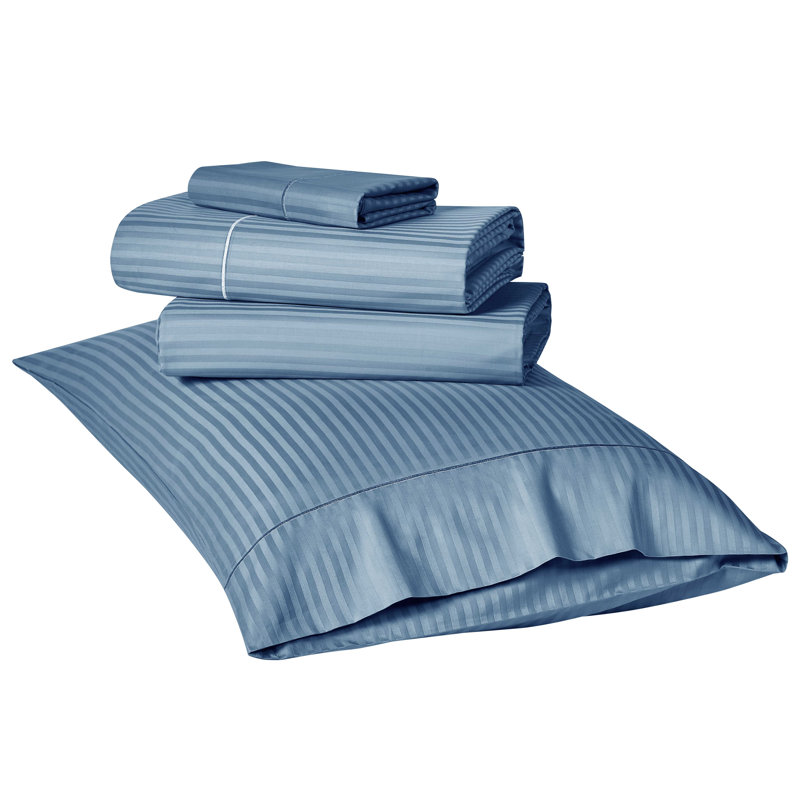 Ensemble de draps rayés Bibb Home 1000 fils - 100 % coton égyptien, Très grand lit, Bleu