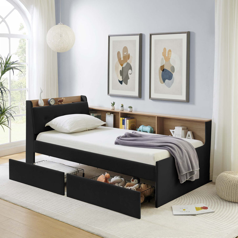 Multi-Functional Daybed With Two Storage Drawers & LED Lights,Wireless Charging, Black