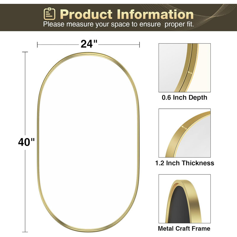 Axia Metal Oval Pill-Shaped Wall Mirror for Bathroom, Living Room, Entryway, 40" x 24", Brushed Gold