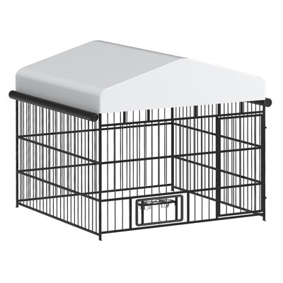 Outdoor Dog Kennel with Cover, Dog Kennel Outside with Waterproof Roof and Rotating Feeding Bowls