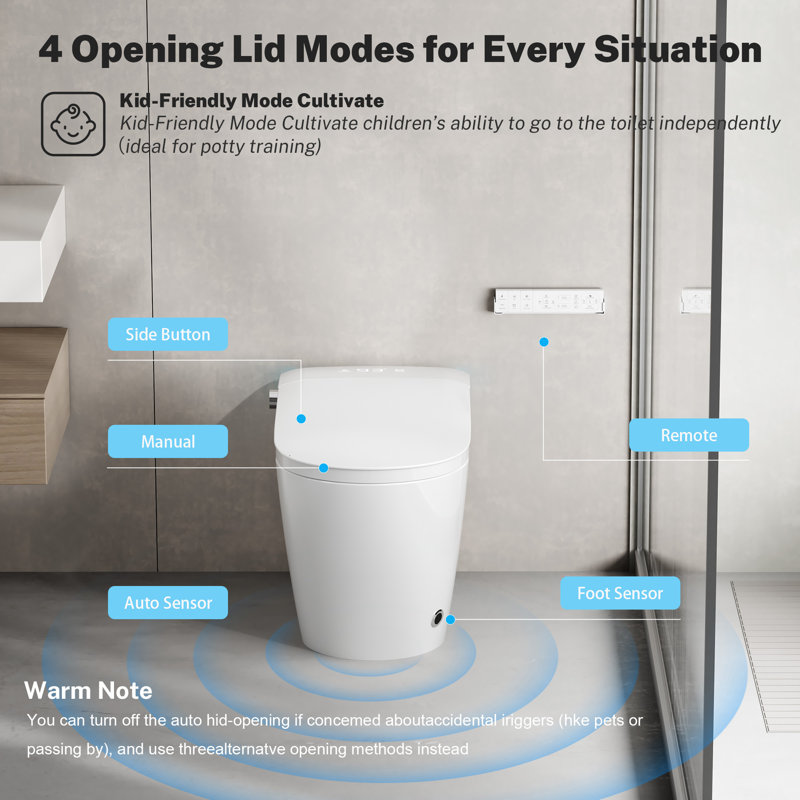 Smart Toilet With Tank, Uv Sterilization, Auto Open/Close, Auto Flush, Heated Seat, Warm Air Dryer, Adjustable Water Temp & Pressure, Feminine Wash, Blue Night Light