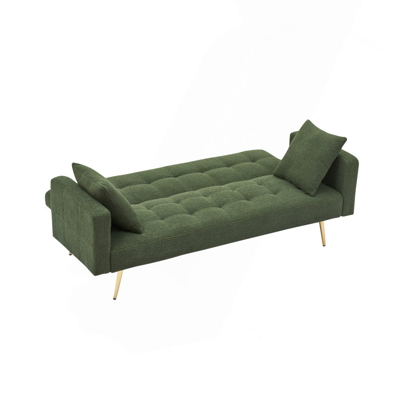 Canapé-lit pliant moderne en velours 71,26 po Quiniya avec deux coussins décoratifs pour le salon, Ours en peluche vert