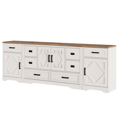 Glenford Farmhouse 93.3"W Rustic Storage Cabinet Combo With Barn Doors & 8 Drawers, Adjustable Shelves by Winston Porter