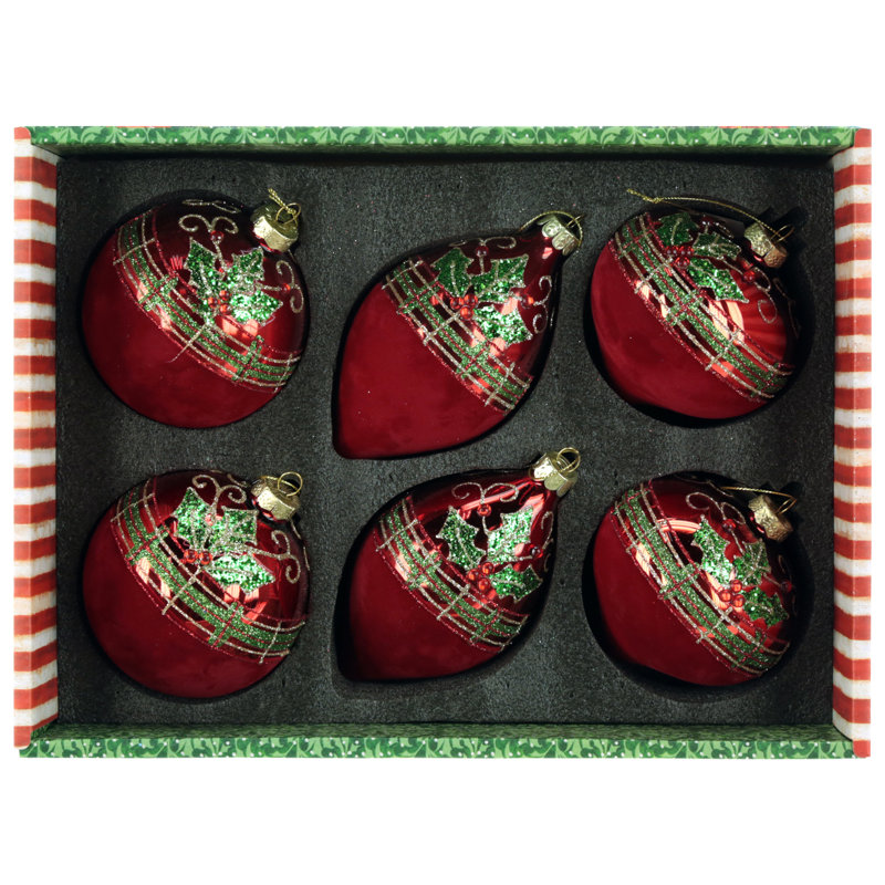 Holly Trim Velvet Ornament, Box Of 6- 4-5 Inches