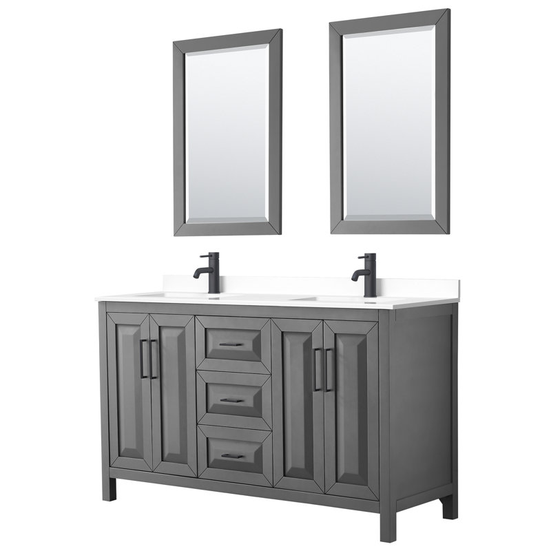 Daria 60'' W Double Vanity, White Cultured Marble, Dark Gray, Matte Black