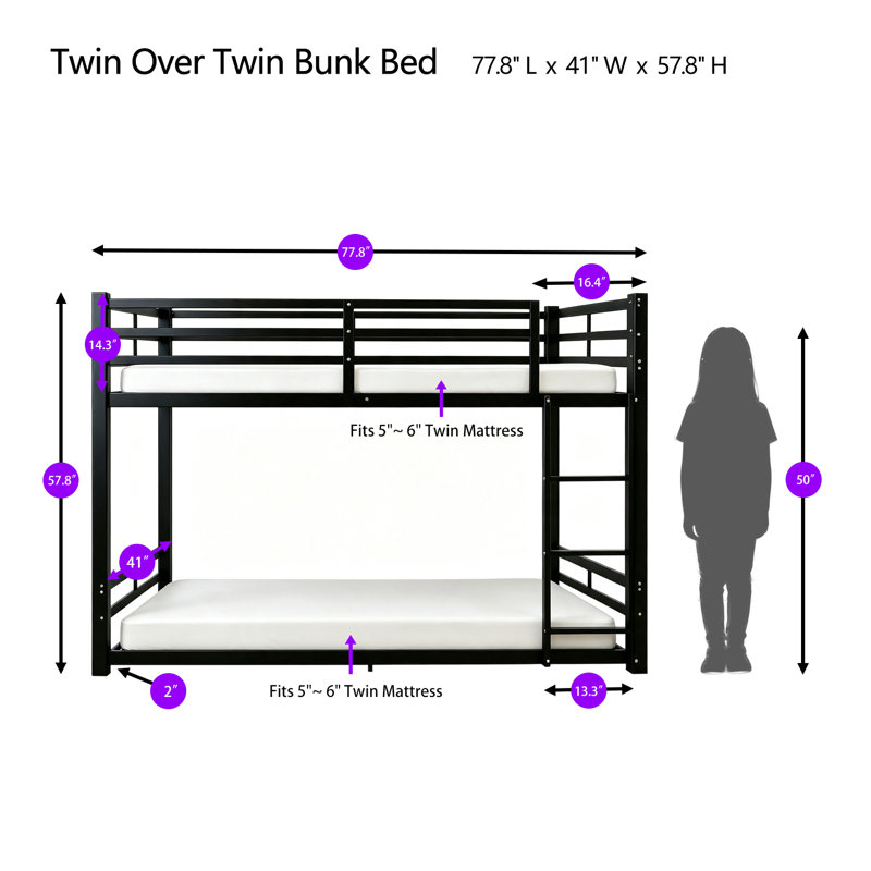 Lit superposé pour enfants avec échelle intégrée, garde-corps très hauts, lit superposé simple à structure en métal robuste pour la chambre à coucher