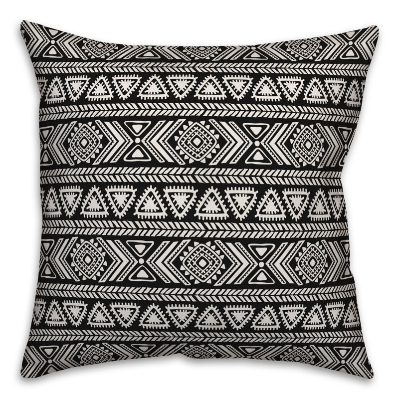  Coussin Tribal Sketches, Noir / Blanc, 18 po x 18 po