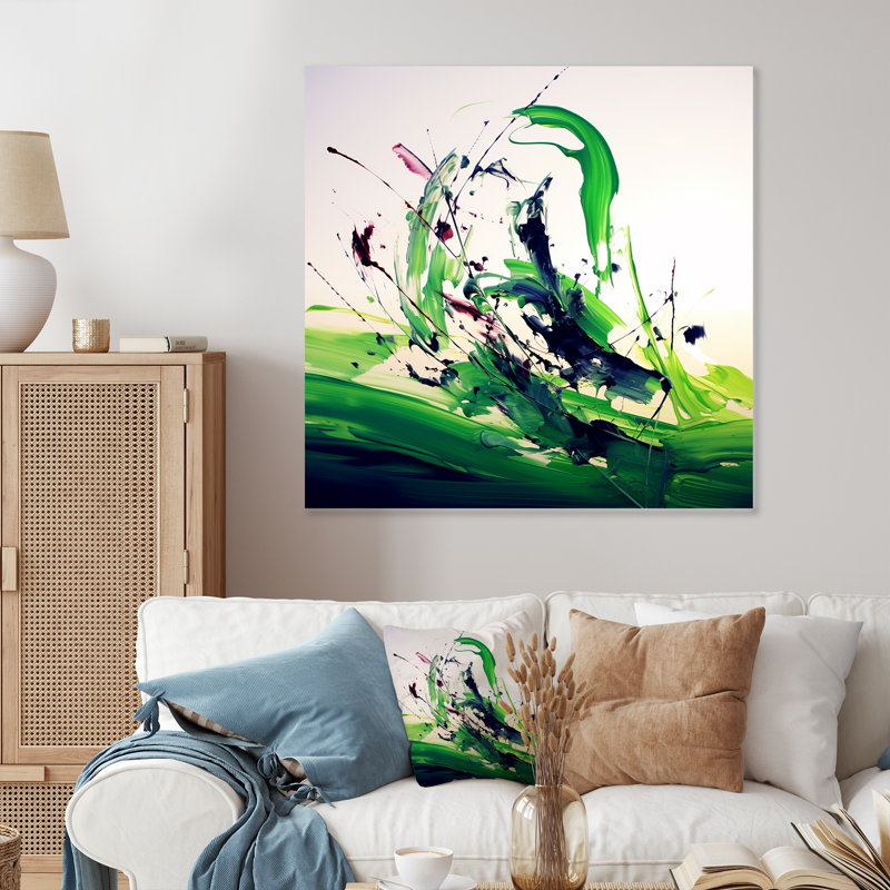 «Green and White Abstract Ink Expression IV», art mural abstrait en métal, H 36 po x l 36 po