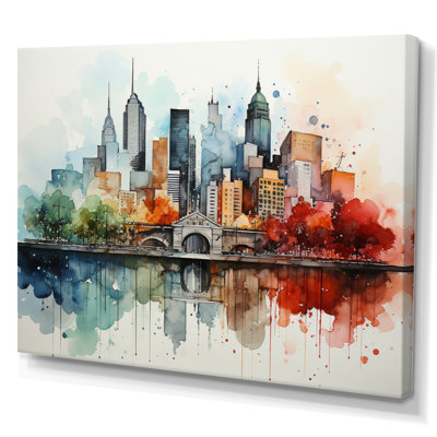 " Colorful Nyc Cityscape Watercolor I " Mixed Media Print