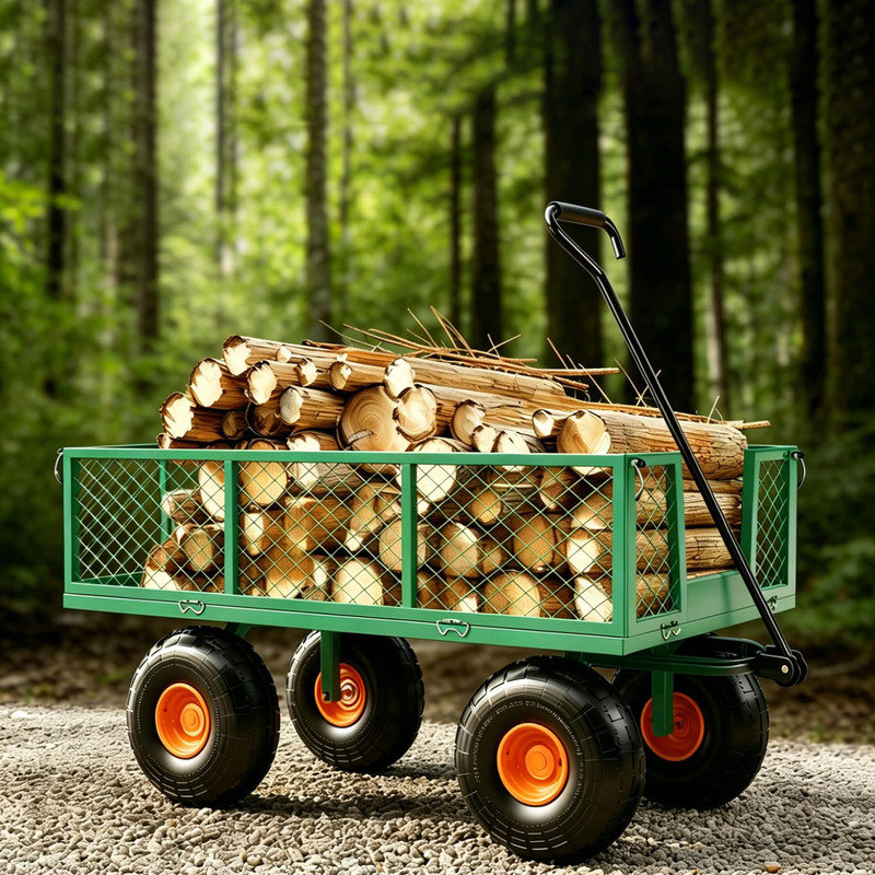 Chariot de jardin en acier robuste avec capacité de 500 lb, roues de 10 po et plateau à plateau pliable pour le travail en cour