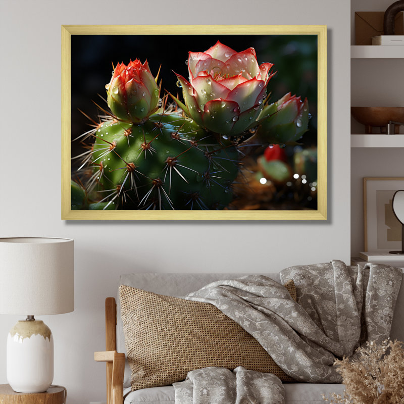 " Green Red Cactus Field ", 34" H x 44" W x 1.5" D, Gold Single Picture Framed