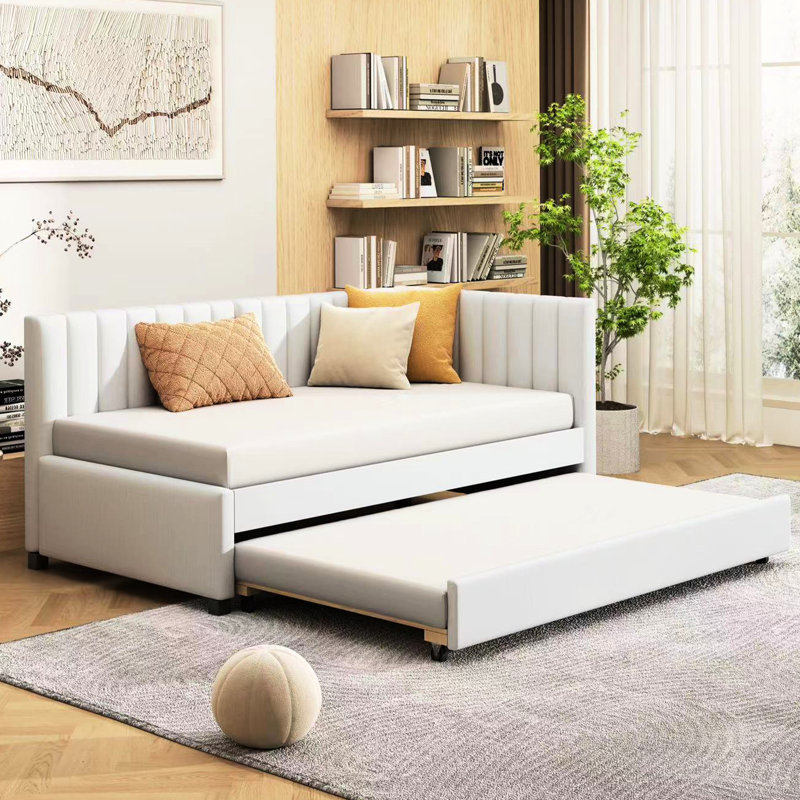 Lit de jour rembourré en lin beige avec lit gigogne simple pratique, pas de sommier tapissier nécessaire