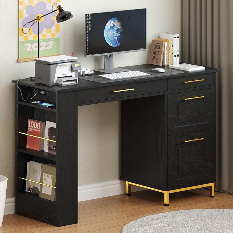 48 Inch Home Desk with Gold Handle Drawer and Power Outlet Computer Desk with Storage Shelf, Black