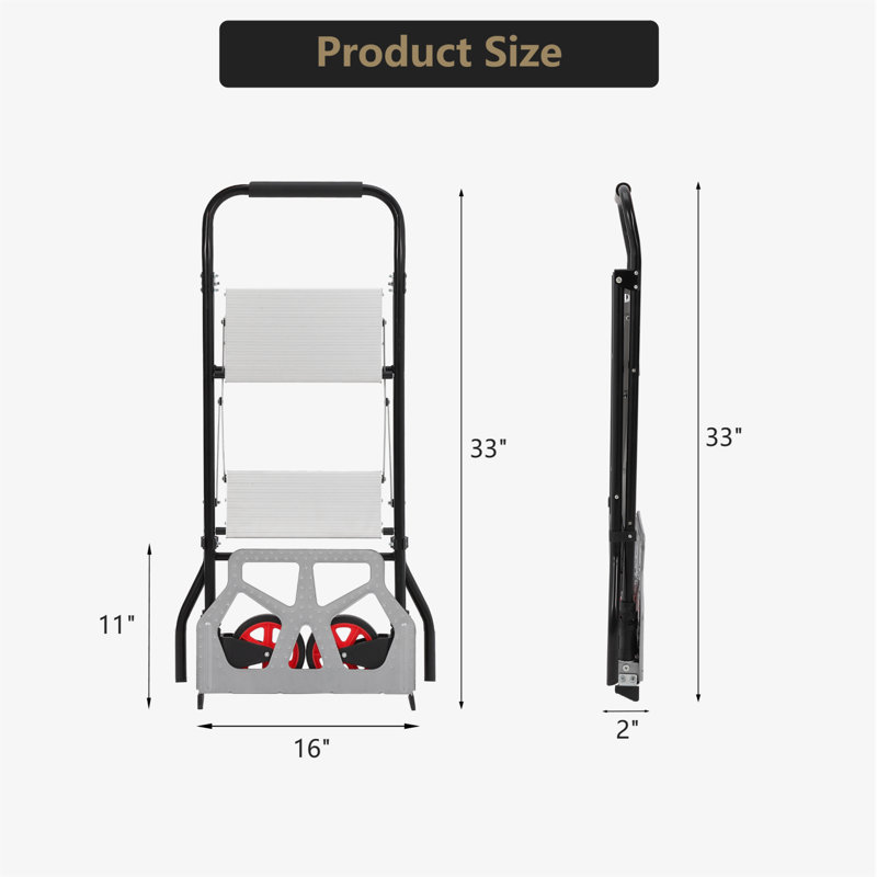 2-in-1 Folding Hand Truck & Step Ladder Aluminum Collapsible Dolly for Office Use Wide Non-Slip Pedal 220 lbs Capacity Portable Utility Cart