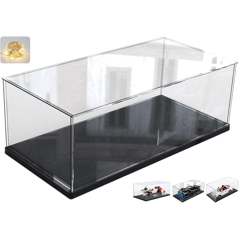Clear Acrylic Display Case For Lego 10330 10295 42176 10337 42170 75376 Collectibles, Transparent Box Dustproof Protection With Wood-Plastic Base & String Light, Black Inside 15.7X7.9X7.9In