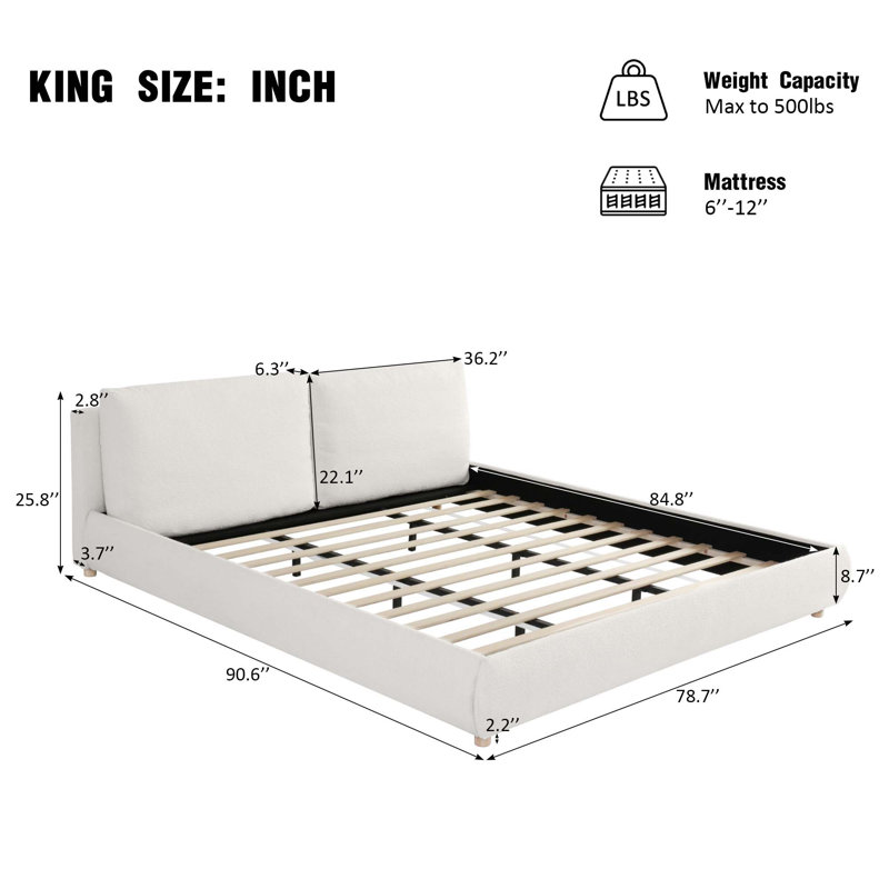 Lit plateforme tapissier avec deux têtes de lit amovibles, tissu Boucle, Très grand lit