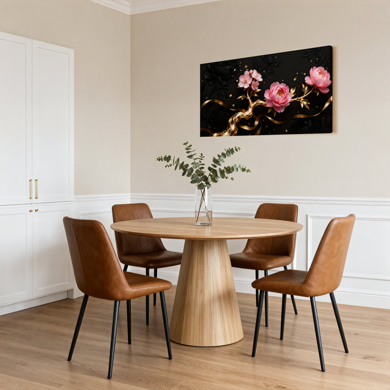 Ensemble de 1 tableau sur toile tendue à motif floral pivoine rose et vigne dorée, H 12 po x l 36 po