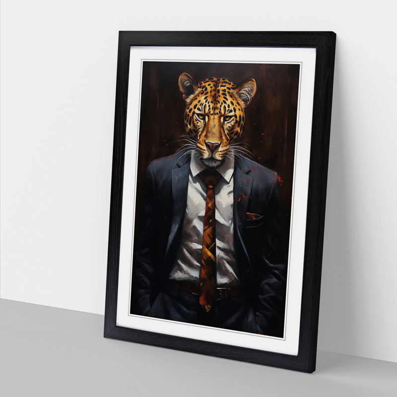 Leopard In A Suit Painting No.2 - Single Picture Frame Print on Wood, Black Framed, 64cm H x 46cm W x 2cm D