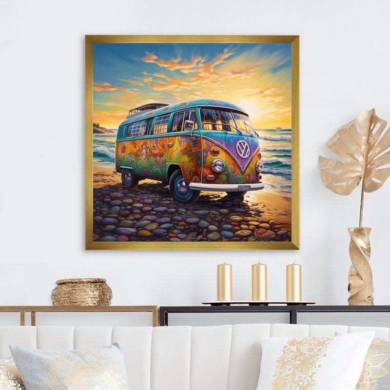 «Magic Hippie Bus On The Beach - Car Van», art mural, Cadre doré simple, H 30 po x l 30 po x P 1 po
