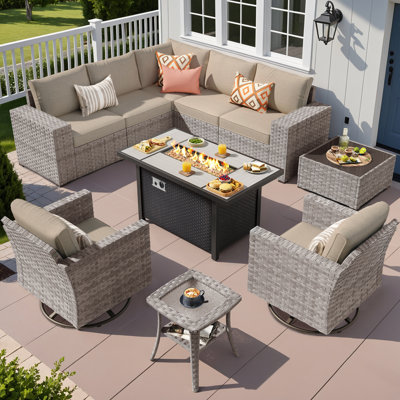 7 - Person Patio Furniture Set with Swivel Rocker, Outdoor Wicker Rattan Sectional Seating Group with Cushions, All Weather Sofa Conversation Set with Fire Pit Table for Garden Backyard