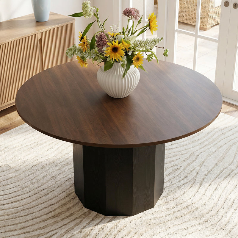 Table de salle à manger moderne 46 "Mid-Century ronde avec base en bois massif pour 4 personnes, Walnut