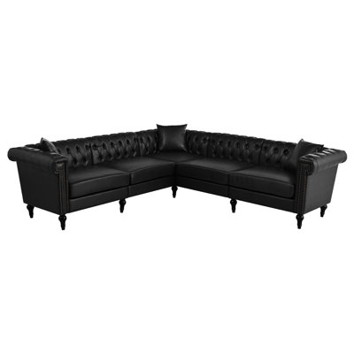Sectional Sofa Couch for Living Room, L Shaped Reversible Modern Chesterfield Sofa with Rolled Arms and Nailhead, 5 Seat Tufted Couch for Small or Large Space, PU Leather
