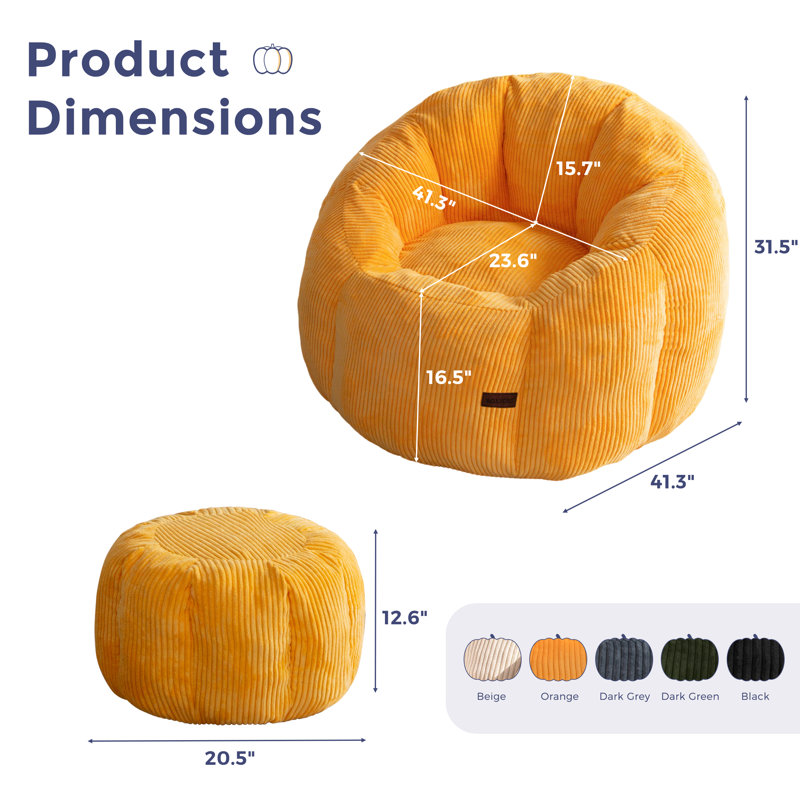 Giant Corduroy Bean Bag Chair With Ottoman Pumpkin-shaped Bean Bag Sofa With Footstool, Orange